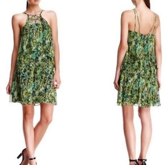 3/$25 BCBGMaxazria Silk Kaia Tiered Dress XS Halter Cocktail Abstract Green - Picture 1 of 8